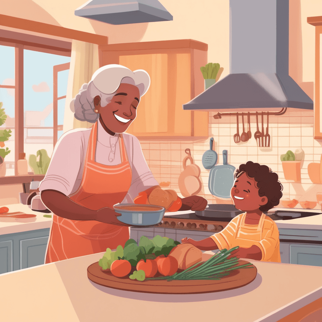 A child thanks grandmother for baking a delicious homemade pie