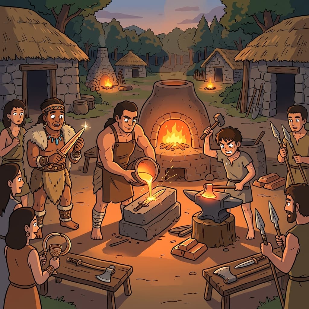 During the Bronze Age, smiths forged tools and weapons from molten copper and tin.