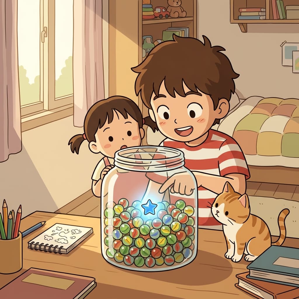 Among all the marbles in the jar, the blue star is the least common one.