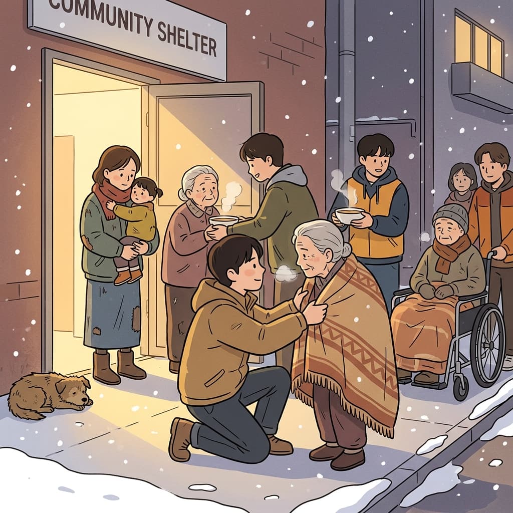 The vulnerable elderly wait in line as volunteers hand out warm blankets and soup.
