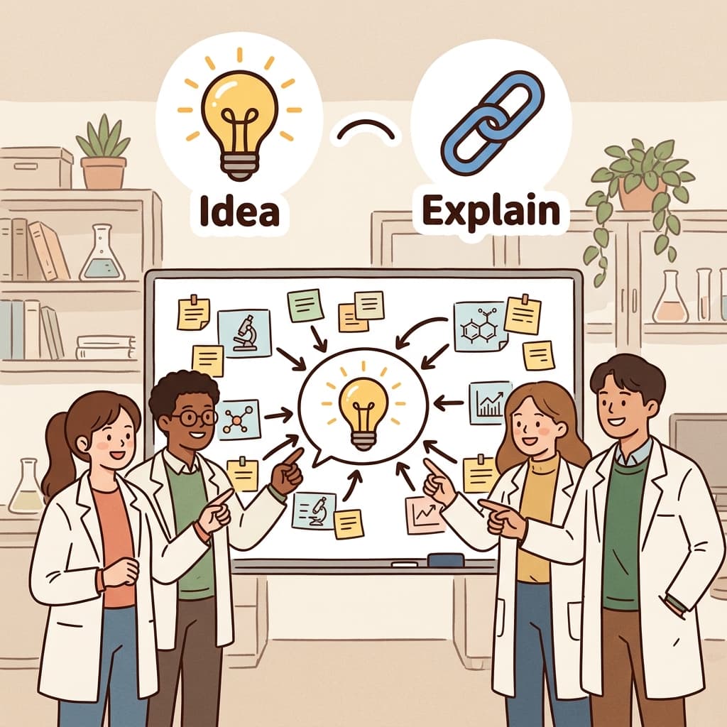 The scientists theorized that all the discoveries were connected. (💡 Idea + 🔗 Explain → Theorize = develop an explanation or theory.)