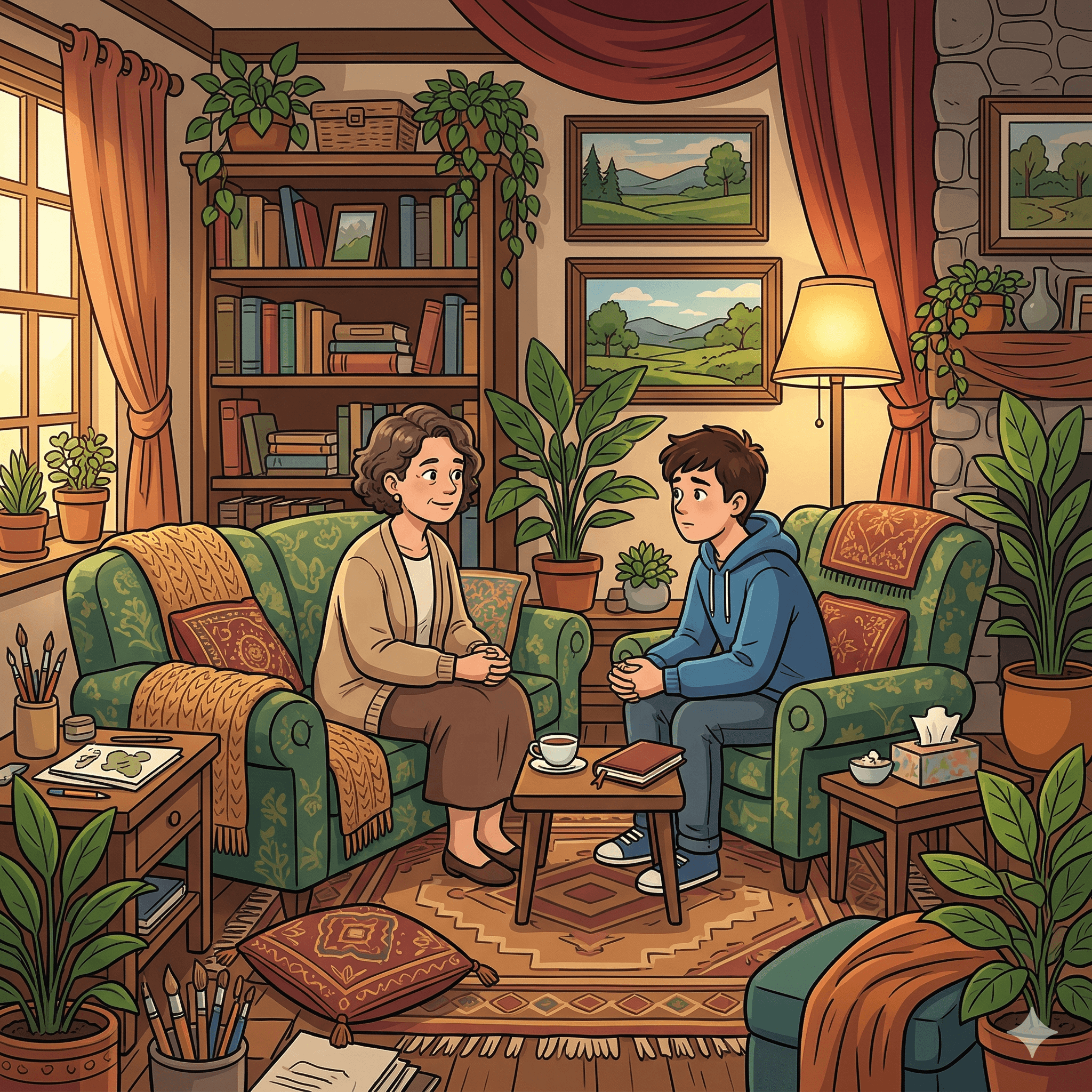 A patient talks openly with a counselor in a cozy room, seeking therapy to heal and grow.