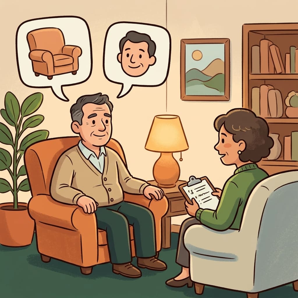 The therapy session helped the man feel calm and happy again. (THERE + HAPPY → therapy helps people feel happy again)