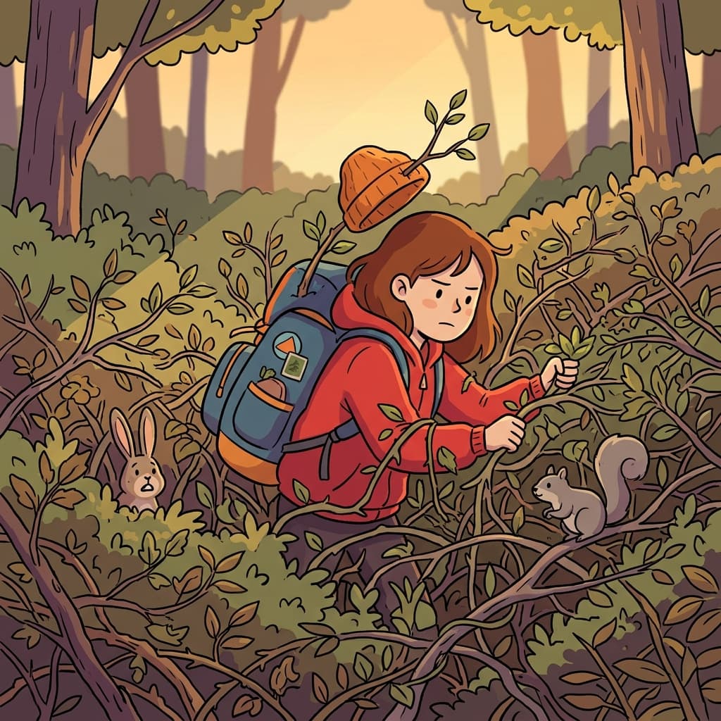 The lost hiker pushed through the dense thicket, branches snagging her backpack.