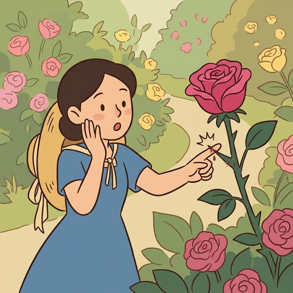 A thorny rose bush scratched her hand.