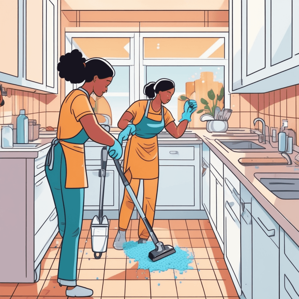 a determined cleaner scrubs every corner of the kitchen with multiple cleaning tools spread around. She methodically works from top to bottom, leaving no surface untouched. The left side shows dirty, greasy counters and stained appliances covered in grime. The right side reveals sparkling clean surfaces, gleaming appliances, and spotless countertops where she has finished working. A family member peers in from the doorway with amazement at the transformation. Another person helps by organizing the perfectly clean dishes into neat stacks. cleaning work that is complete and absolute, carried out to the fullest extent