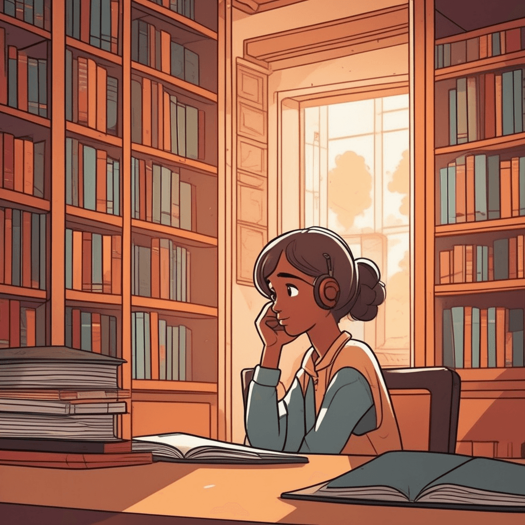 A student's thought emerges as she studies intently at her desk