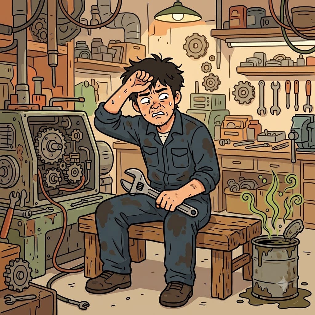 A monkey wrench disrupted the works, so the mechanic sat on a bench after fixing the machine and discovered a terrible stench.