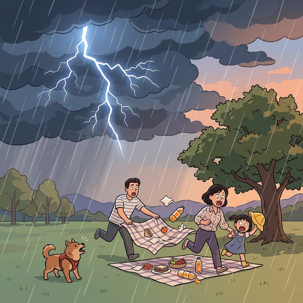 A sudden thunderstorm sends picnickers running for cover under the trees.
