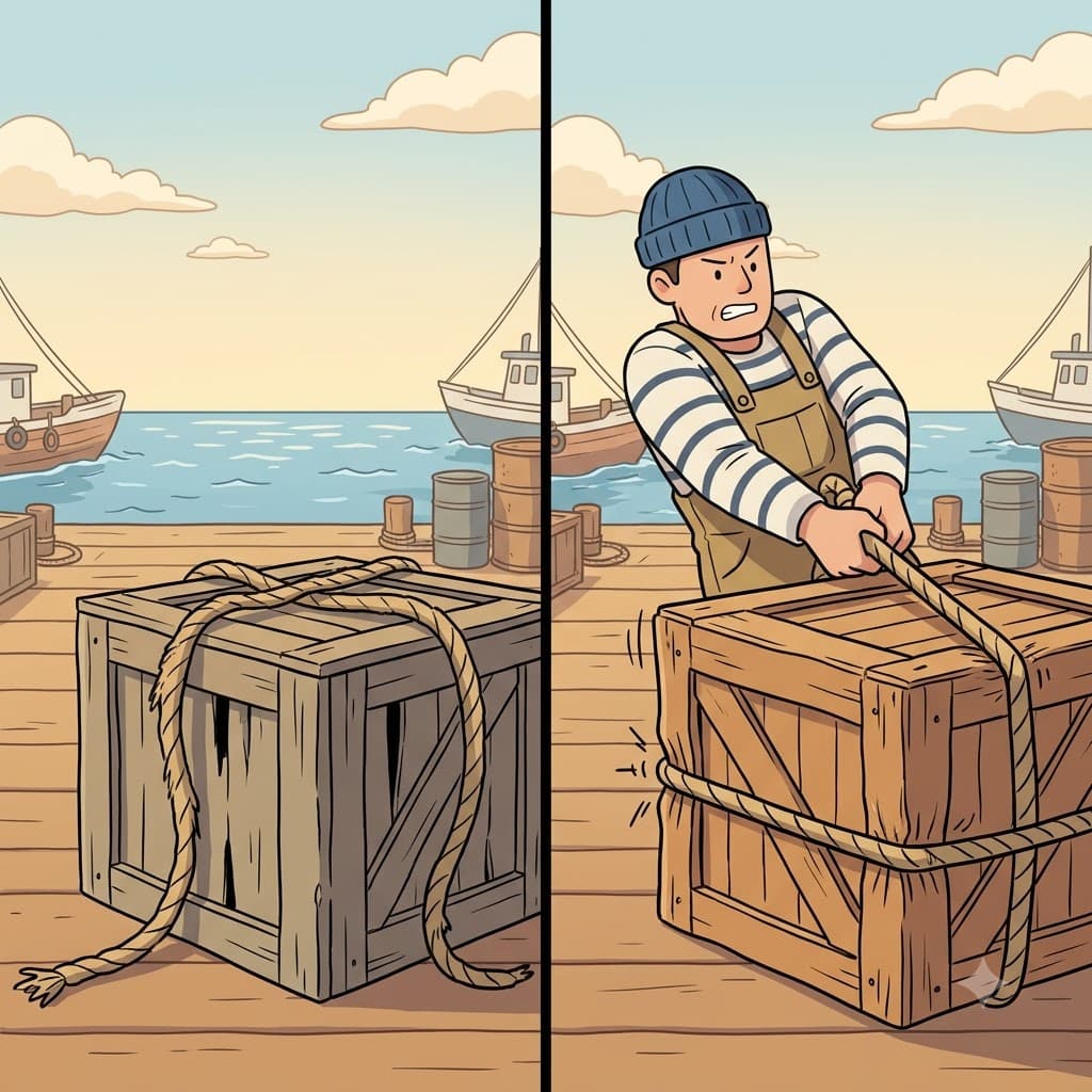 While the loose rope easily slipped off the box, the sailor pulled the knot tightly to secure the cargo.