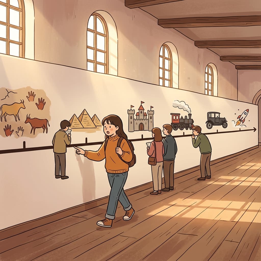 The museum timeline shows humanity's journey from cave paintings to space rockets.