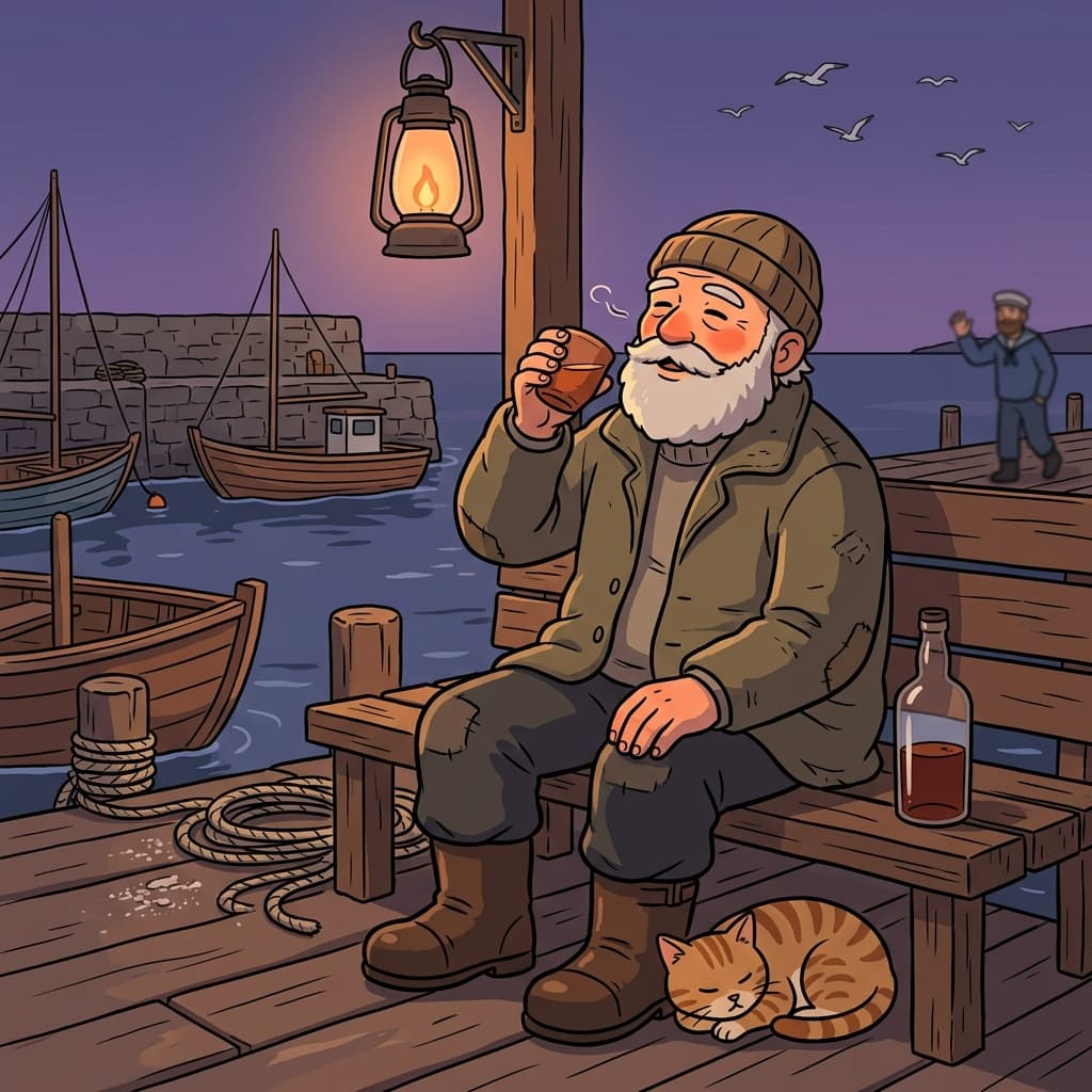 Every evening, the old sailor enjoys his tipple by the harbor lantern.