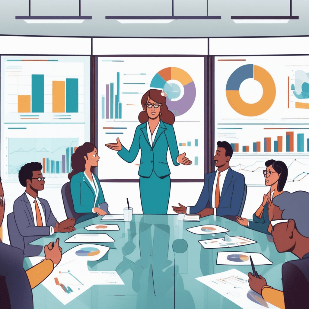 a businesswoman points to specific charts and data that directly address the meeting's main topic. She highlights key statistics that solve the exact problem being discussed. The audience members nod approvingly and lean forward with interest as her information matches their needs perfectly. Before her presentation, people looked confused, but now they appear satisfied and engaged. information that is relevant to what is being discussed and appropriate for the matter at hand