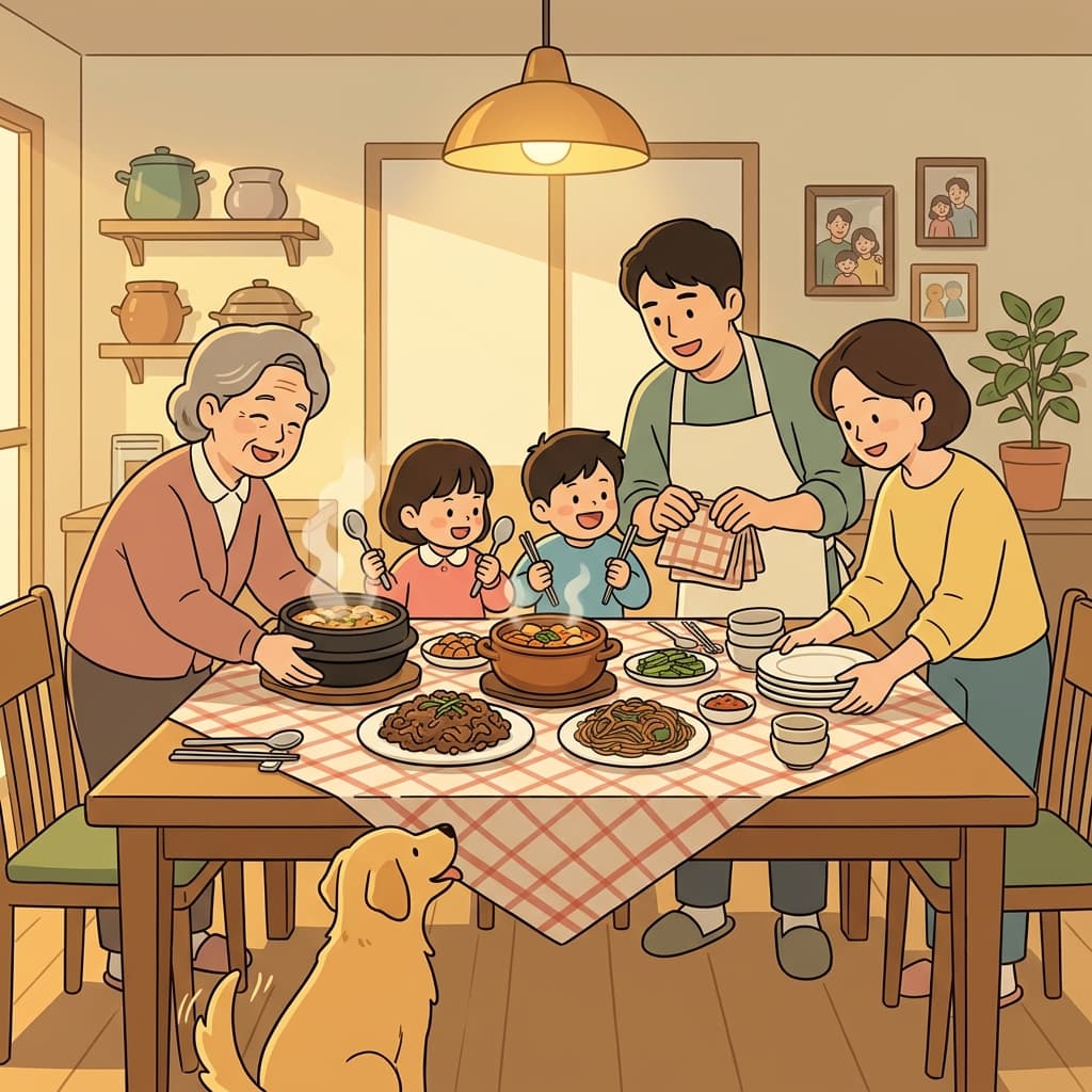 The whole family sets the table together before the big holiday dinner.