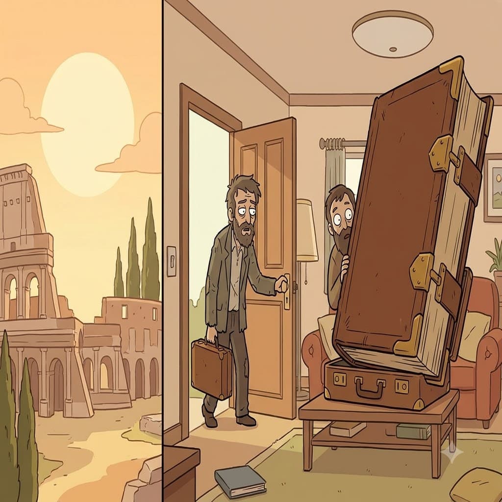 Returning home from Rome, the scholar unpacked his tiny suitcase to reveal a massive, impossibly heavy tome.