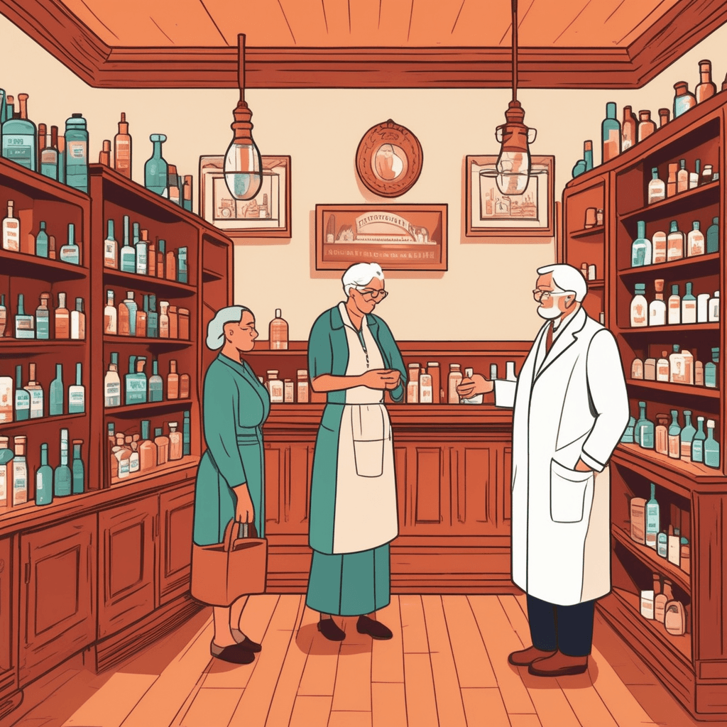 an elderly pharmacist hands a small brown bottle to a tired-looking woman who appears exhausted and pale. The woman drinks from the bottle and immediately her posture straightens with renewed energy. Her face brightens and color returns to her cheeks as she feels revitalized. The pharmacist smiles knowingly while organizing other health remedies on the counter behind him. Other customers in the background look on with interest at the remarkable transformation. a medicinal substance giving a feeling of vigor and well-being