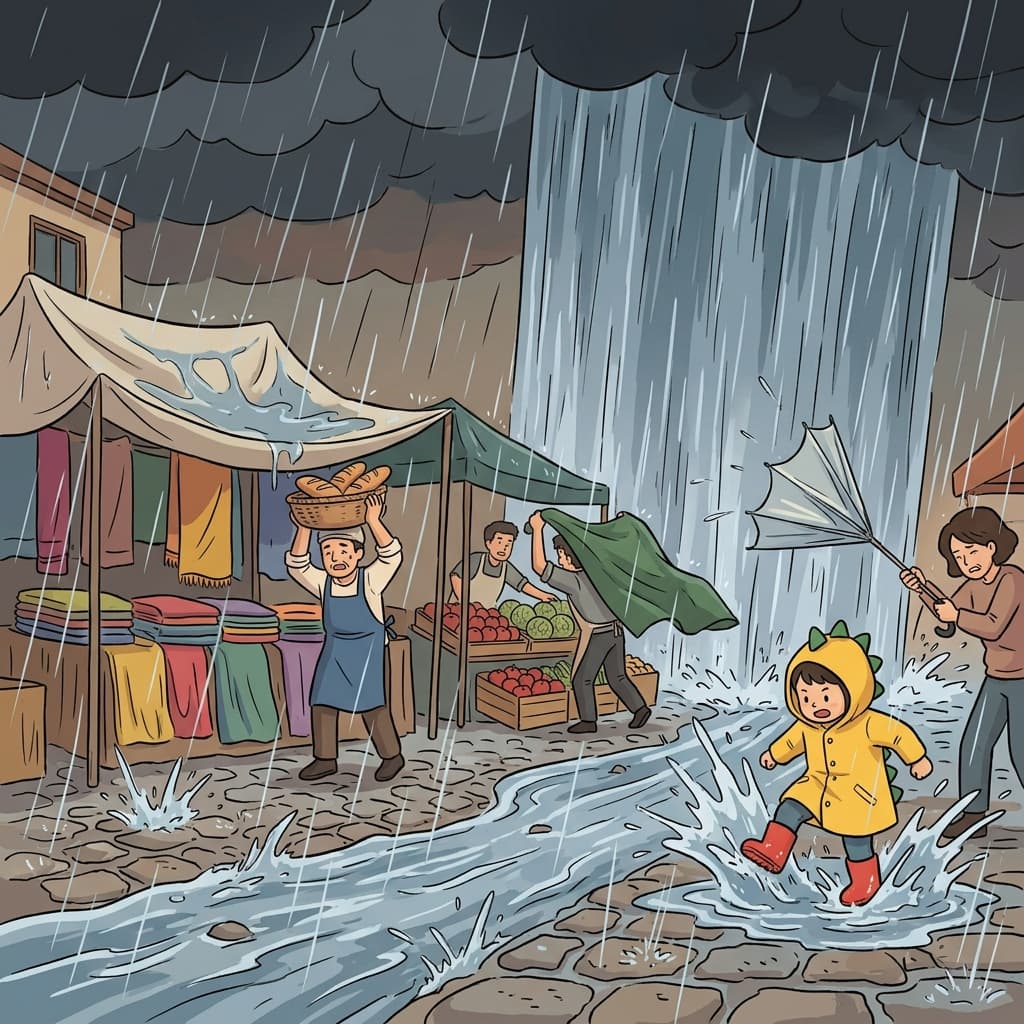 Villagers scramble for shelter as torrential rain floods the market square in seconds.