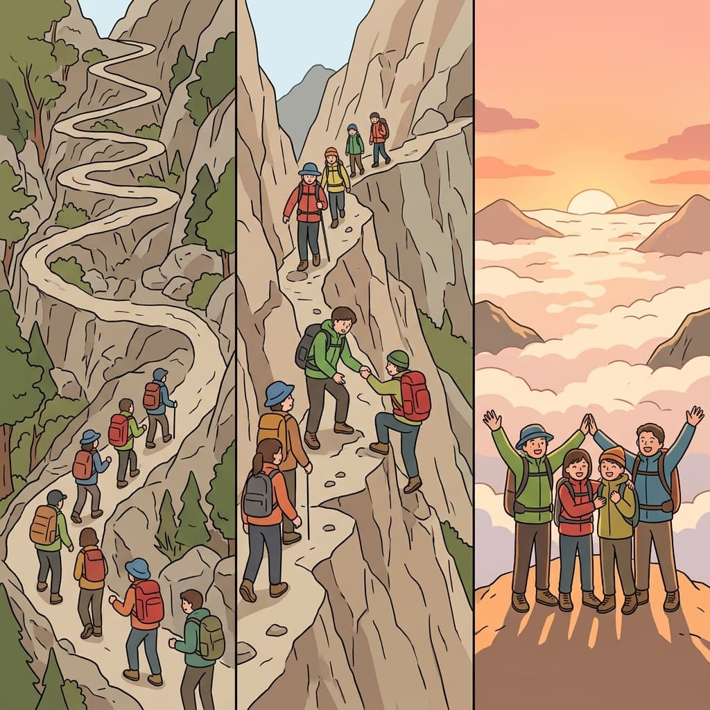 The tortuous trail looked dangerous, but the climbers reached the summit victorious.
