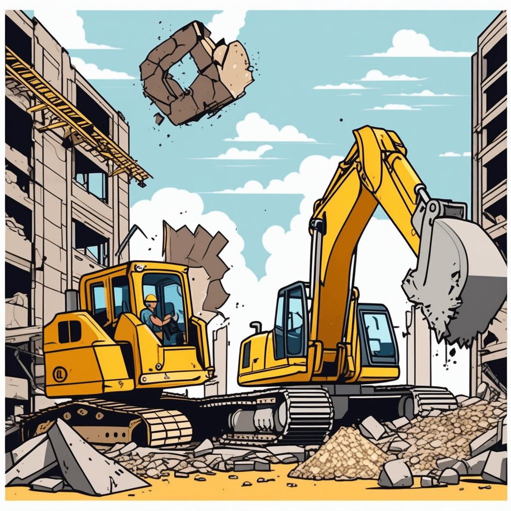 a construction worker operates a wrecking ball that crashes into the final remaining wall of an old structure. The entire building collapses completely as debris falls everywhere around the site. Where once stood a complete building, now only rubble remains scattered across the ground. Other workers begin clearing away every single piece of the demolished structure. the complete and absolute destruction of the whole building