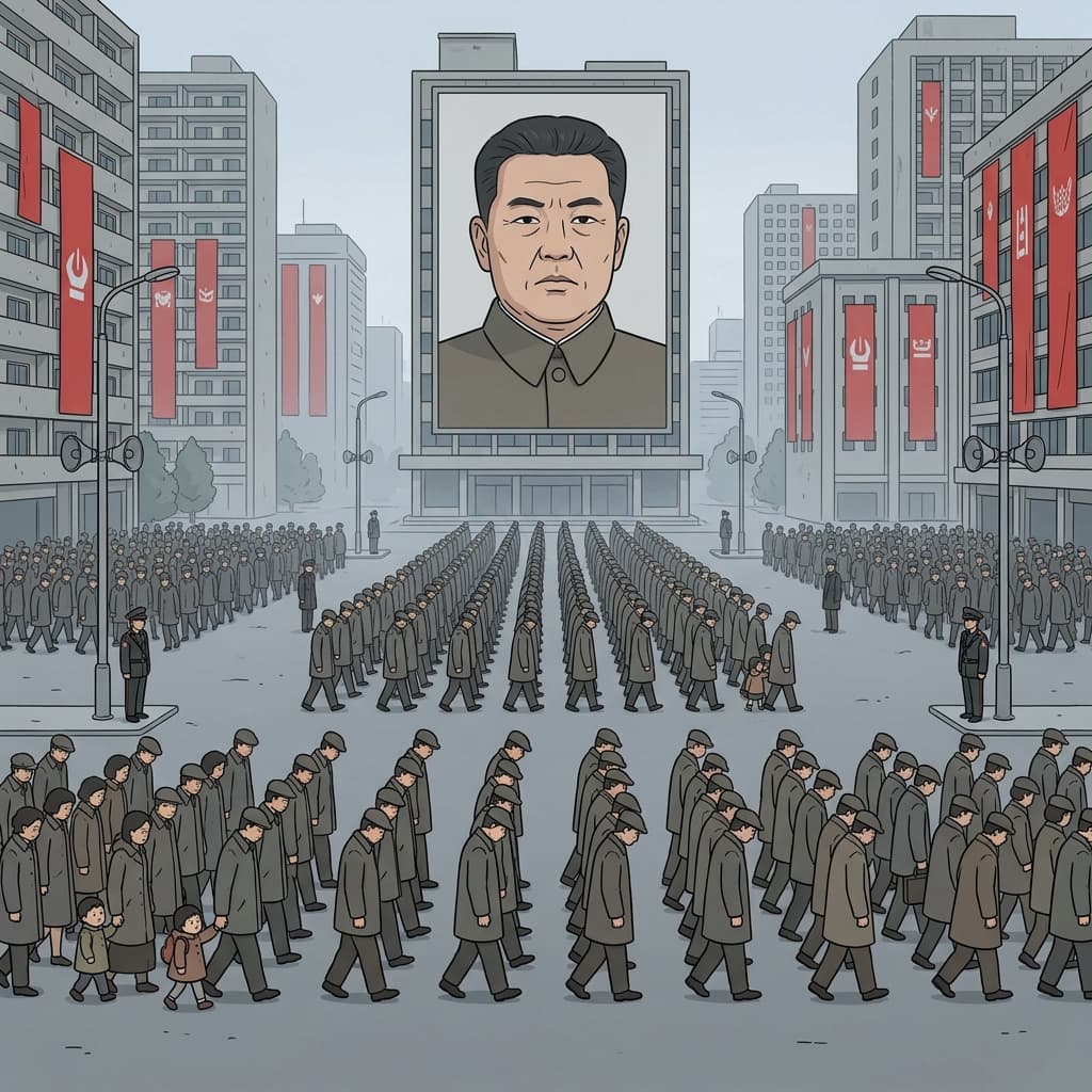 Under totalitarianism, one giant portrait watches every citizen in the square.