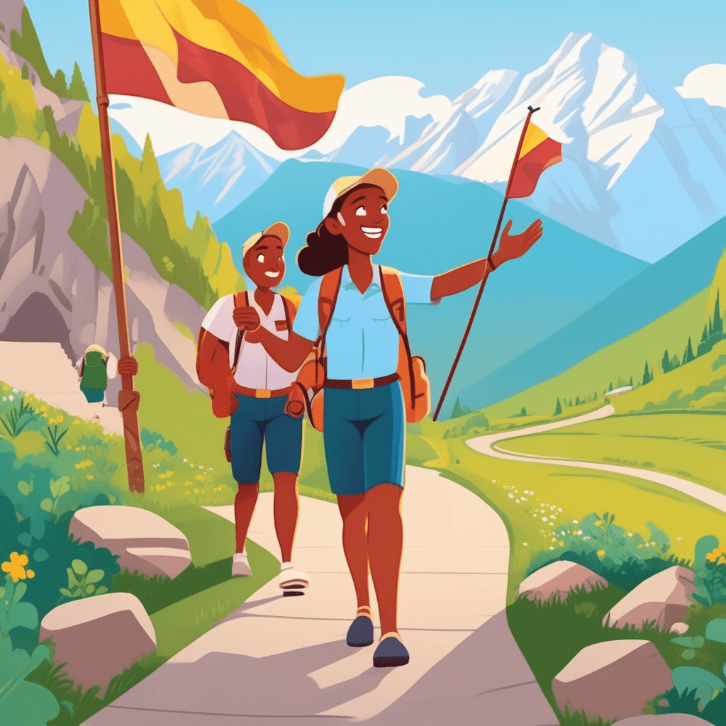 a cheerful tour guide points enthusiastically toward a famous landmark while holding a small flag. The guide leads a diverse group of excited tourists carrying cameras and backpacks. Behind them, other tour groups can be seen at different stops along the winding path. The tourists follow eagerly, taking photos and looking where the guide points. Other visitors explore nearby attractions and scenic overlooks in the background. a journey for pleasure in which several different places are visited