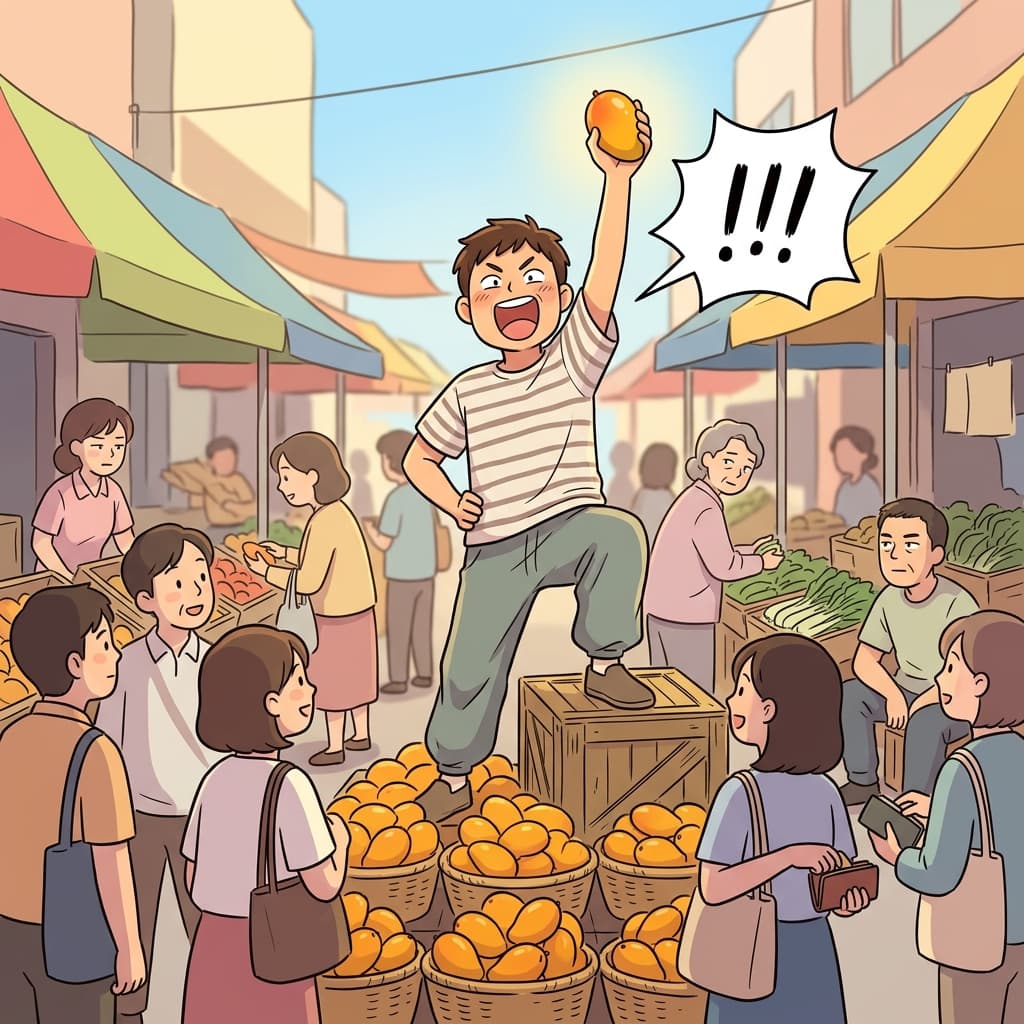 The street vendor loudly touts his mangoes as the juiciest in the whole market.
