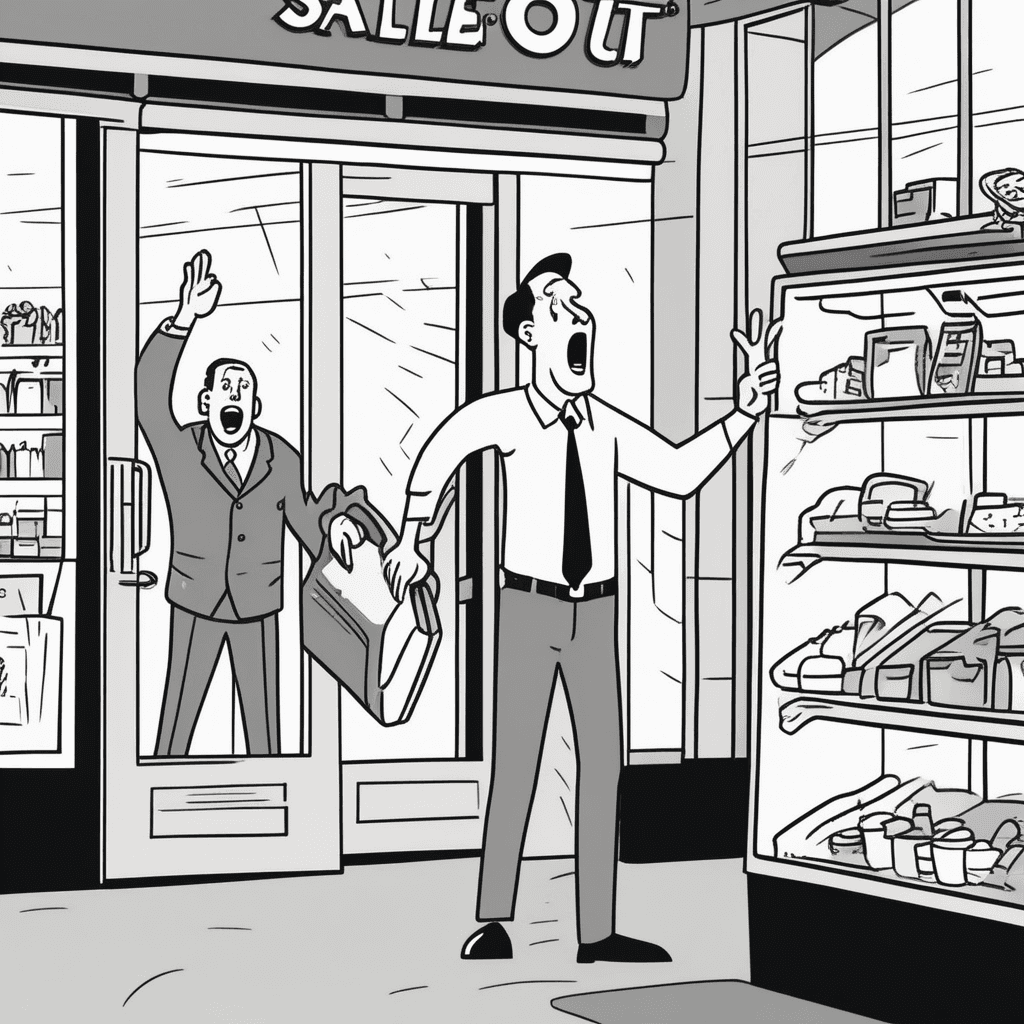Salesperson shouting TO-OUT while aggressively promoting products to departing customers