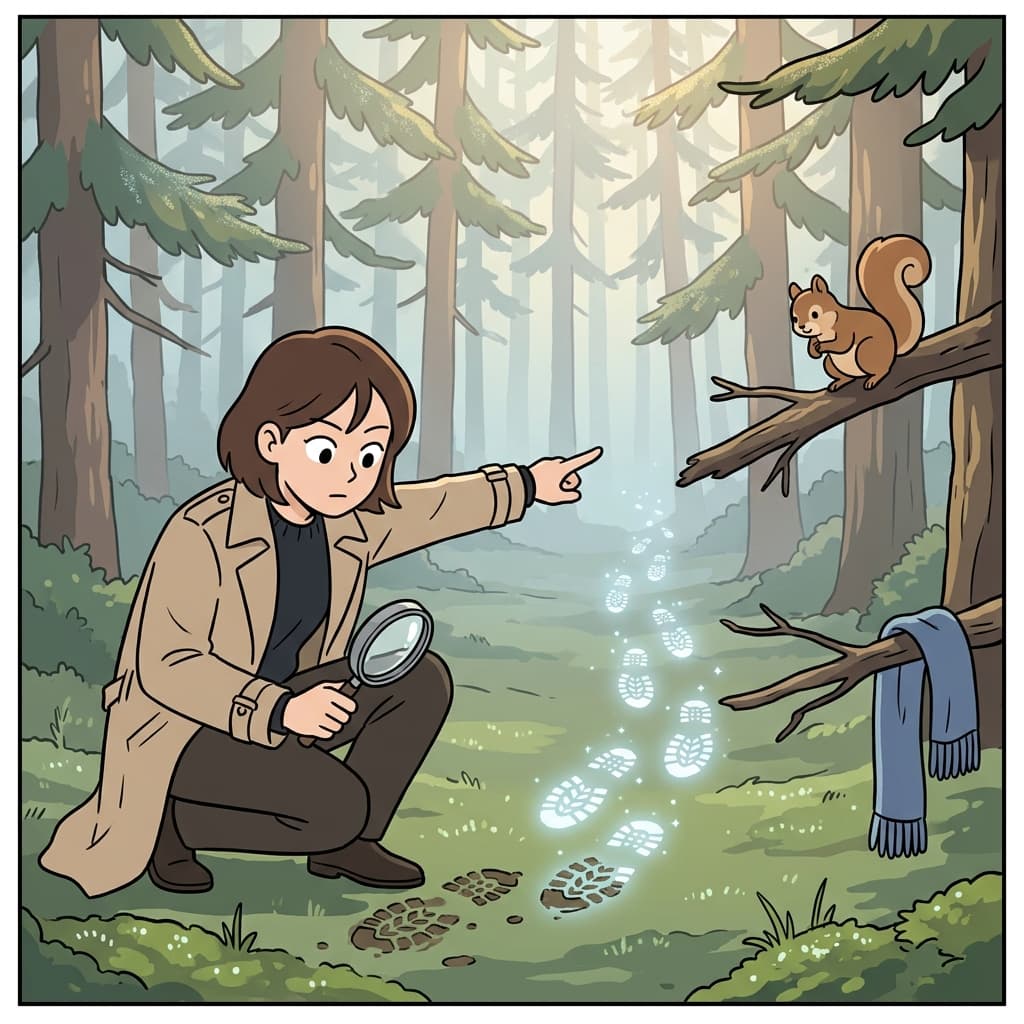 The detective follows muddy footprints to track the thief through the forest.