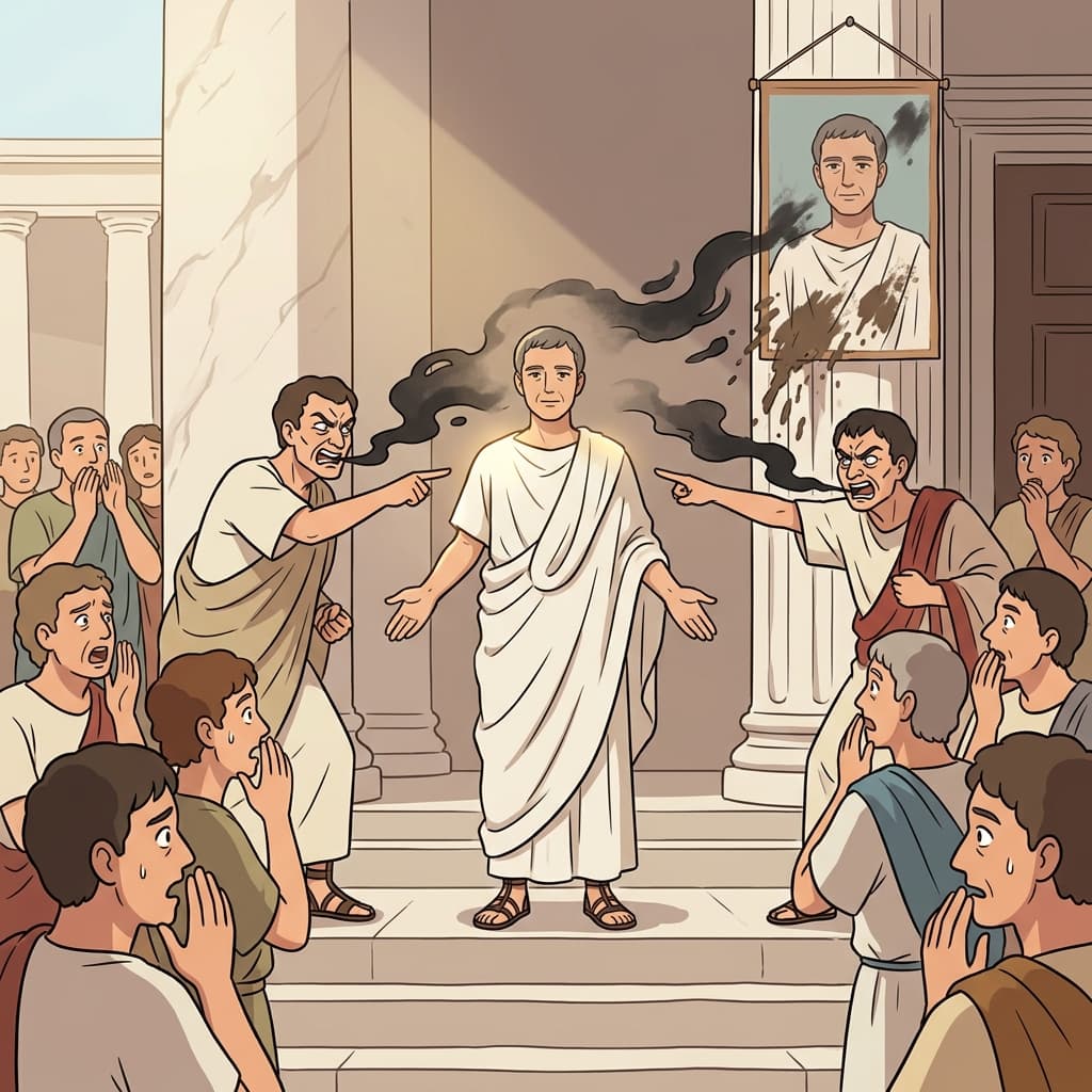 Rival senators traduce the honest consul with vicious lies on the forum steps.