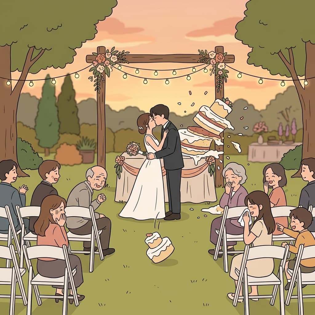The wedding tragicomedy: the cake collapsed just as the couple kissed.