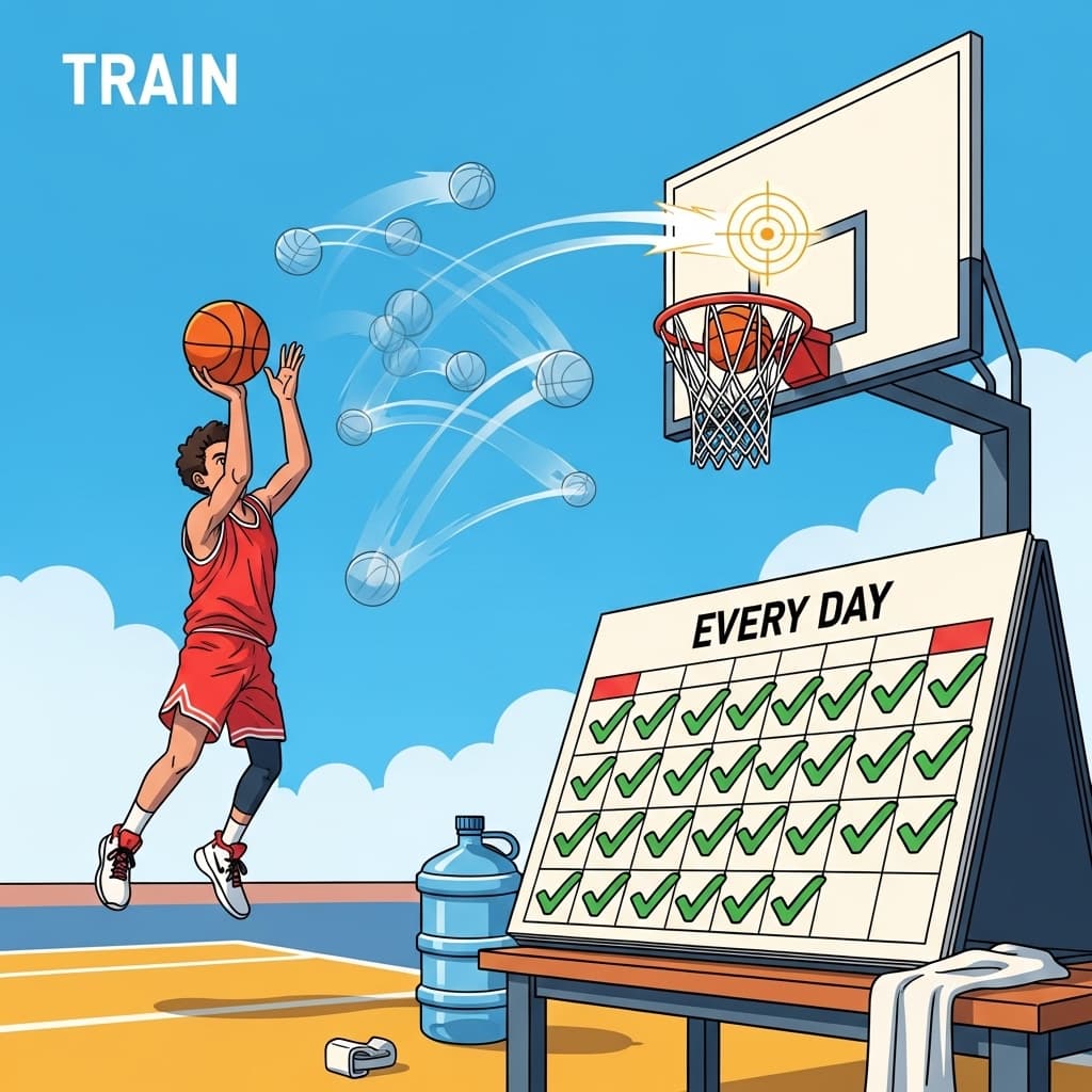 He trains every day and improves his shot.