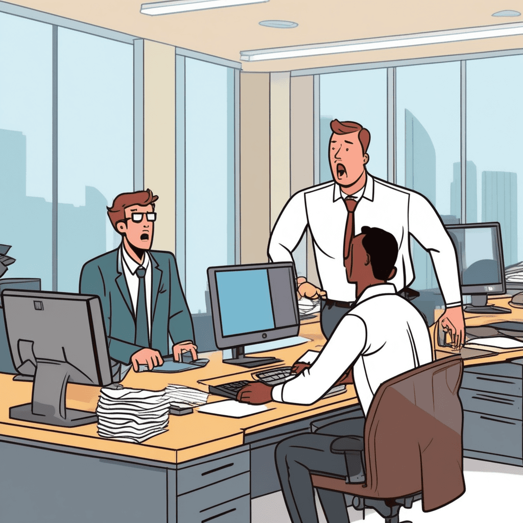 an employee tries to work quickly at their computer while reaching for important documents. A micromanaging colleague stands directly behind them, constantly pointing over their shoulder and grabbing papers away. Every time the employee tries to type or organize files, the colleague interrupts with corrections and restrictions. The employee's movements become slower and more constrained as the colleague continues hovering and controlling every action. Other coworkers in the background look sympathetic but keep working at their own desks. how the colleague's interference restricts and hampers the employee's ability to work freely
