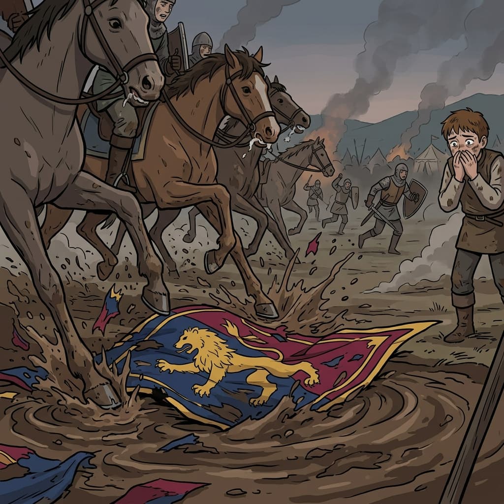 The startled horses trample the fallen banner into the muddy battlefield.