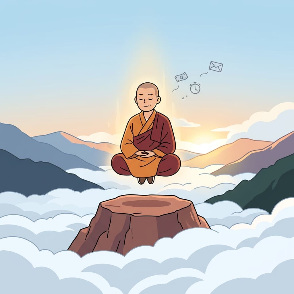 On the mountain peak, the monk feels transcendence beyond all earthly worry.