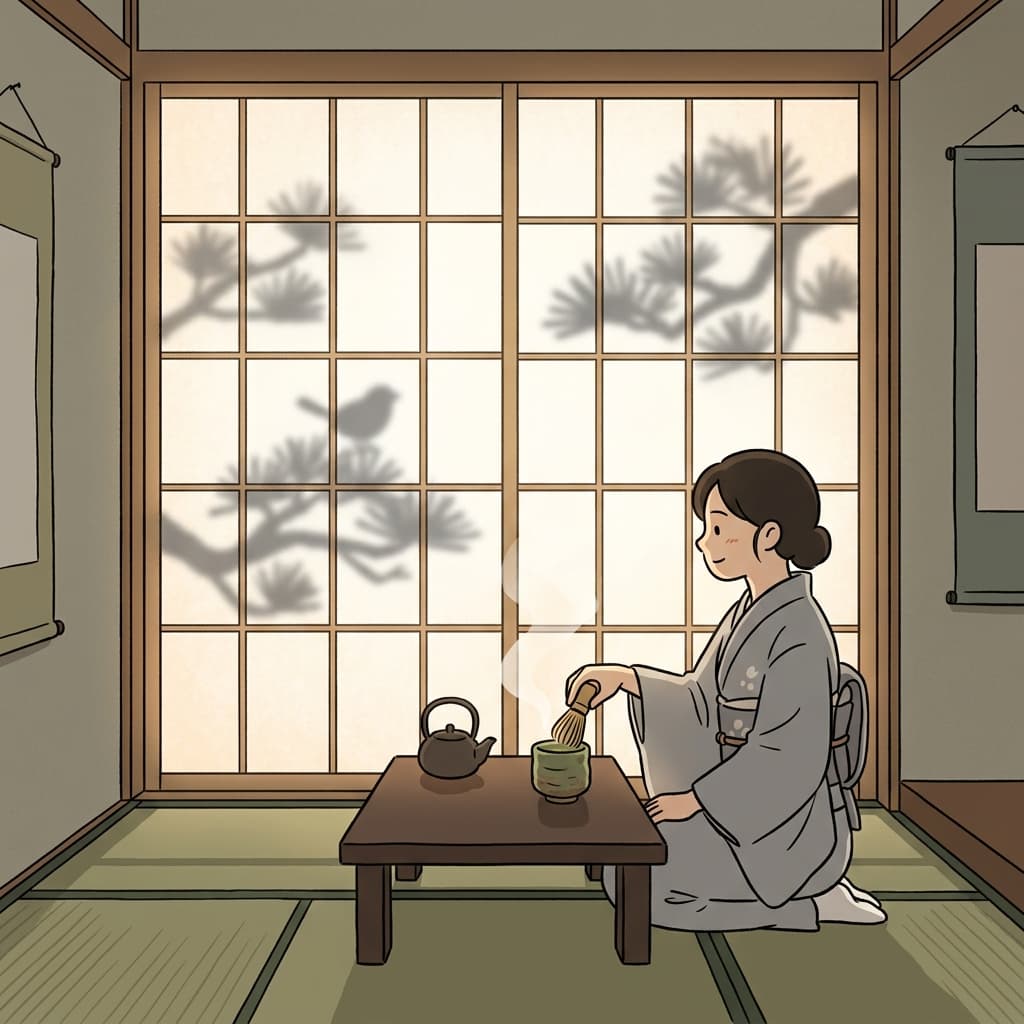 Soft morning light filters through the translucent paper screen in her tearoom.