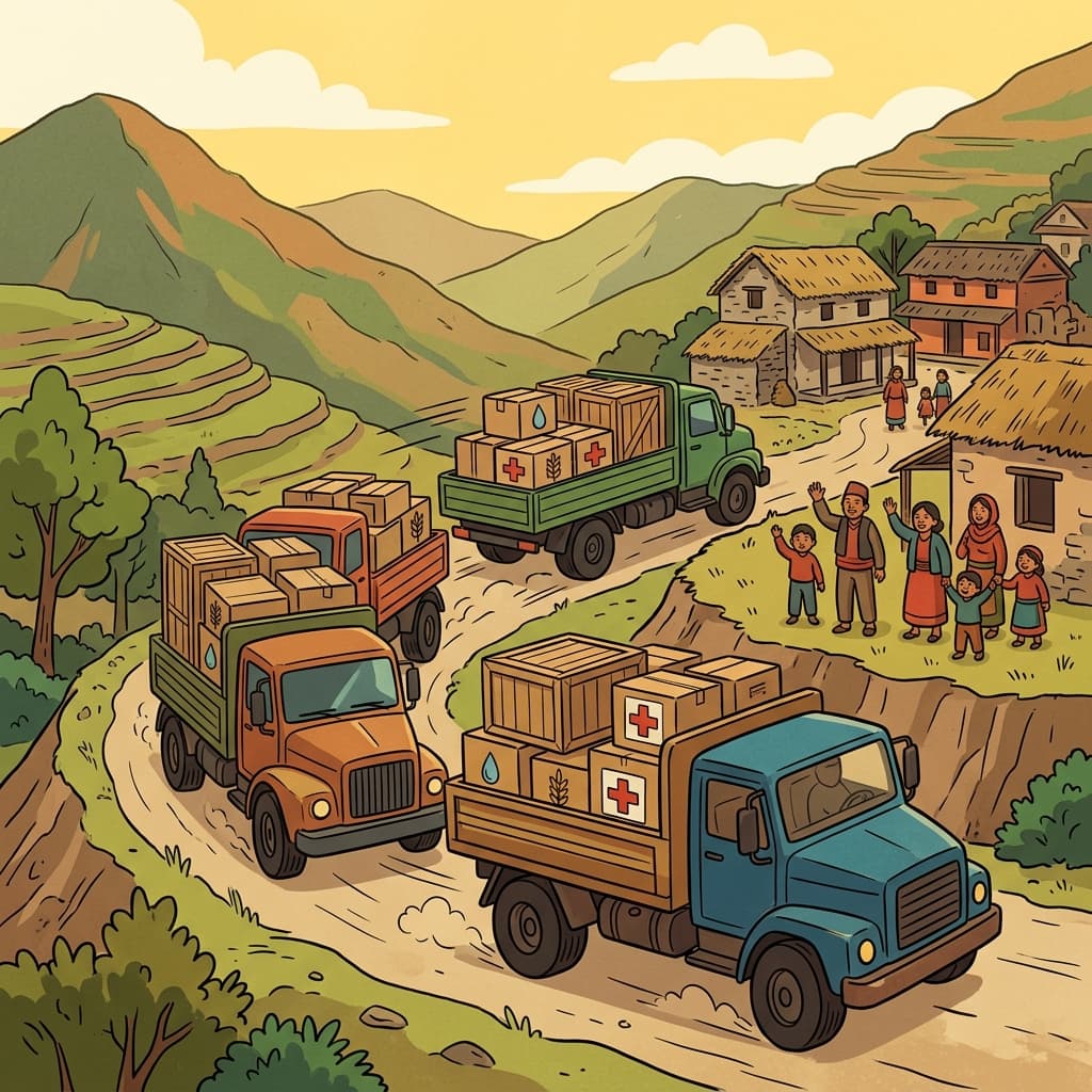 The trucks transported food and medicine to the remote village.