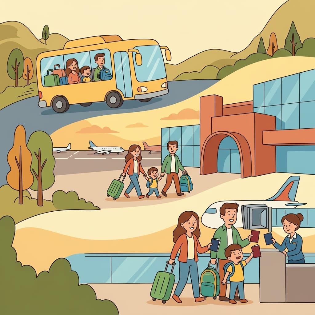 The transport bus took the travelers to the airport, where they showed their passports.