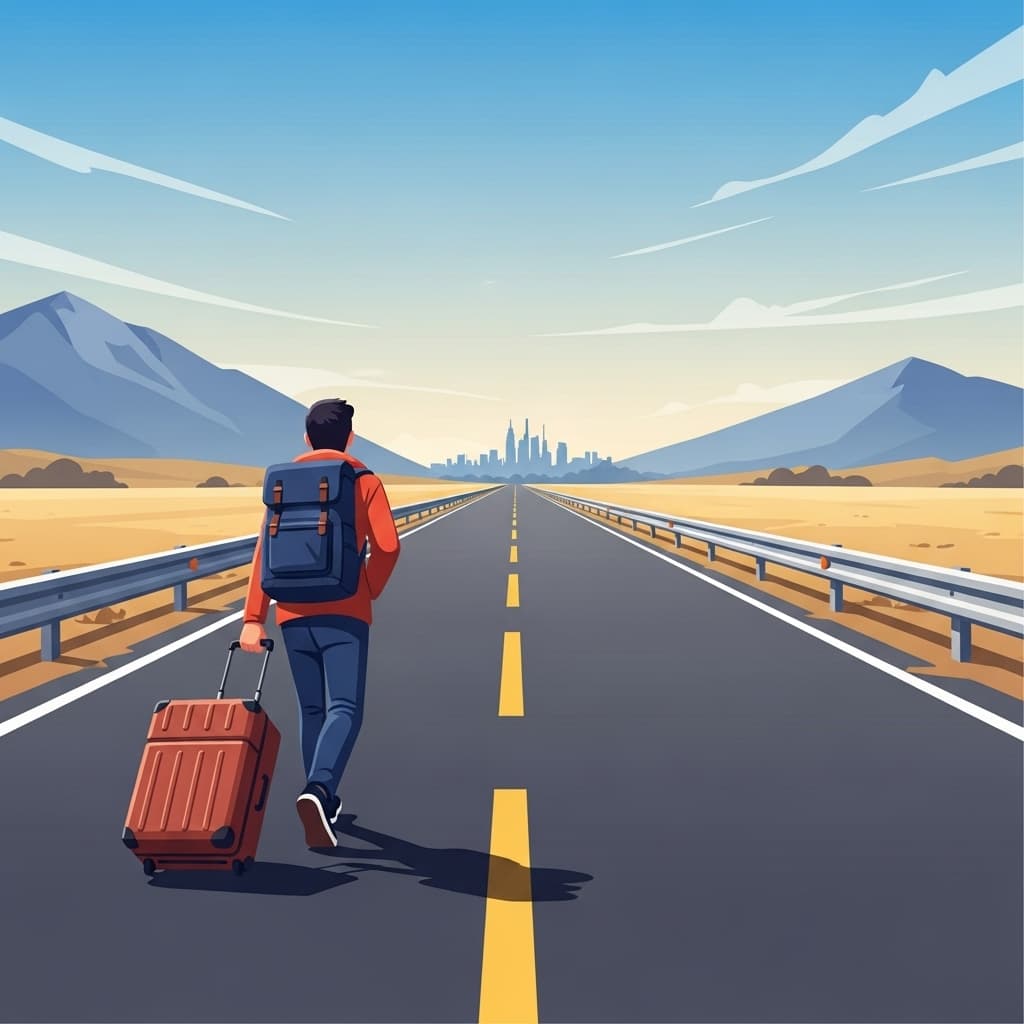A traveler moves along a long road, heading toward a distant destination.