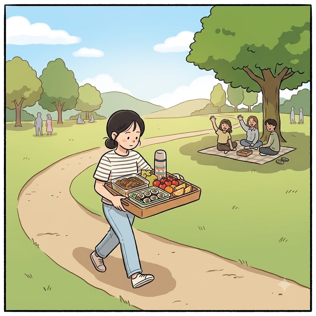 She placed the food on the tray, told everyone to stay, and carefully carried it all the way to the picnic spot.
