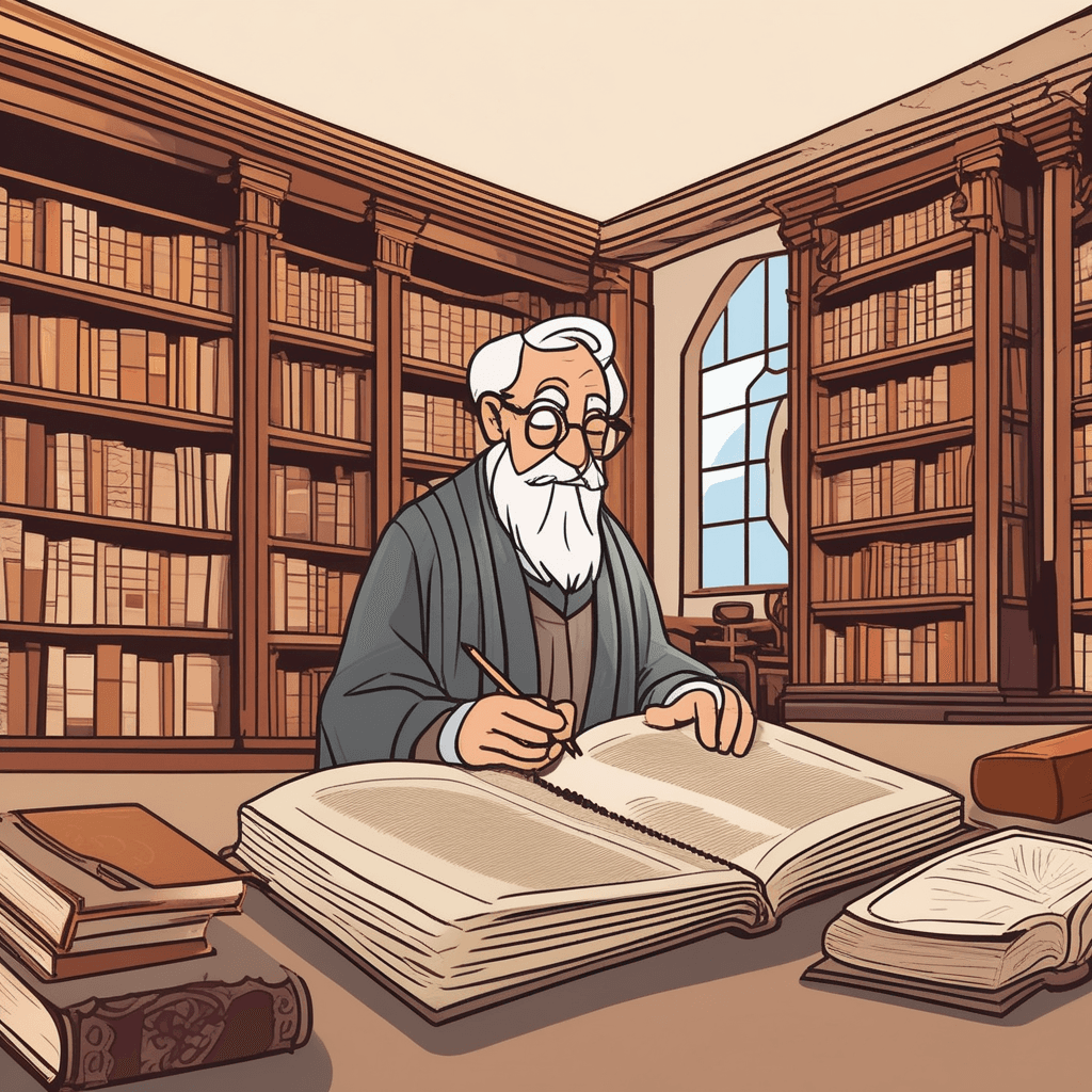 an elderly professor carefully writes in a thick leather-bound manuscript while surrounded by stacks of reference books. Her pen moves methodically across pages filled with organized chapters and detailed diagrams. She pauses to consult multiple open textbooks and cross-reference information before continuing her systematic writing. A graduate student nearby takes notes while reading from the professor's previous completed volumes. The scholarly atmosphere shows books organized by subject matter and research notes spread across the wooden desk. a written work dealing formally and systematically with a subject