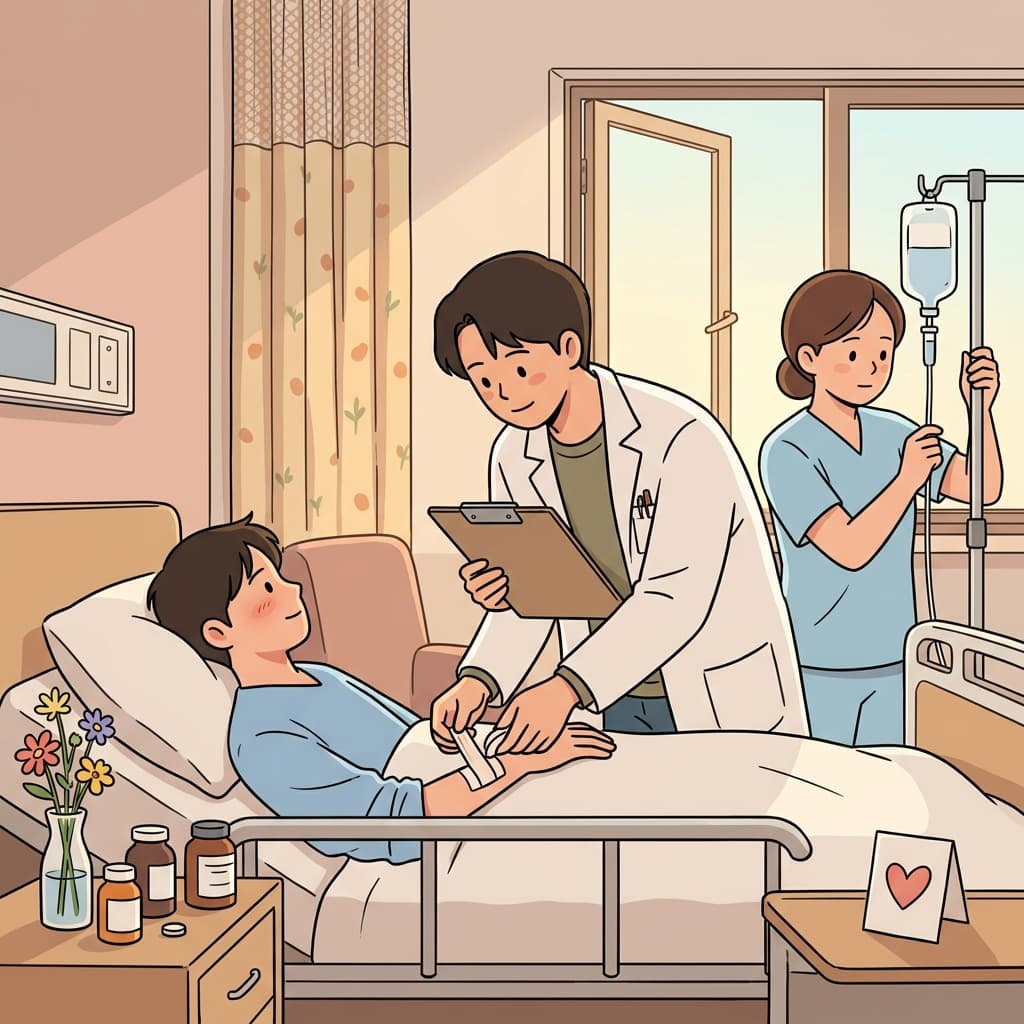 The doctor's careful treatment slowly brings the patient back to health.