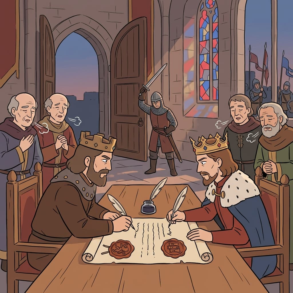 Two kingdoms sign a peace treaty to end their long war.