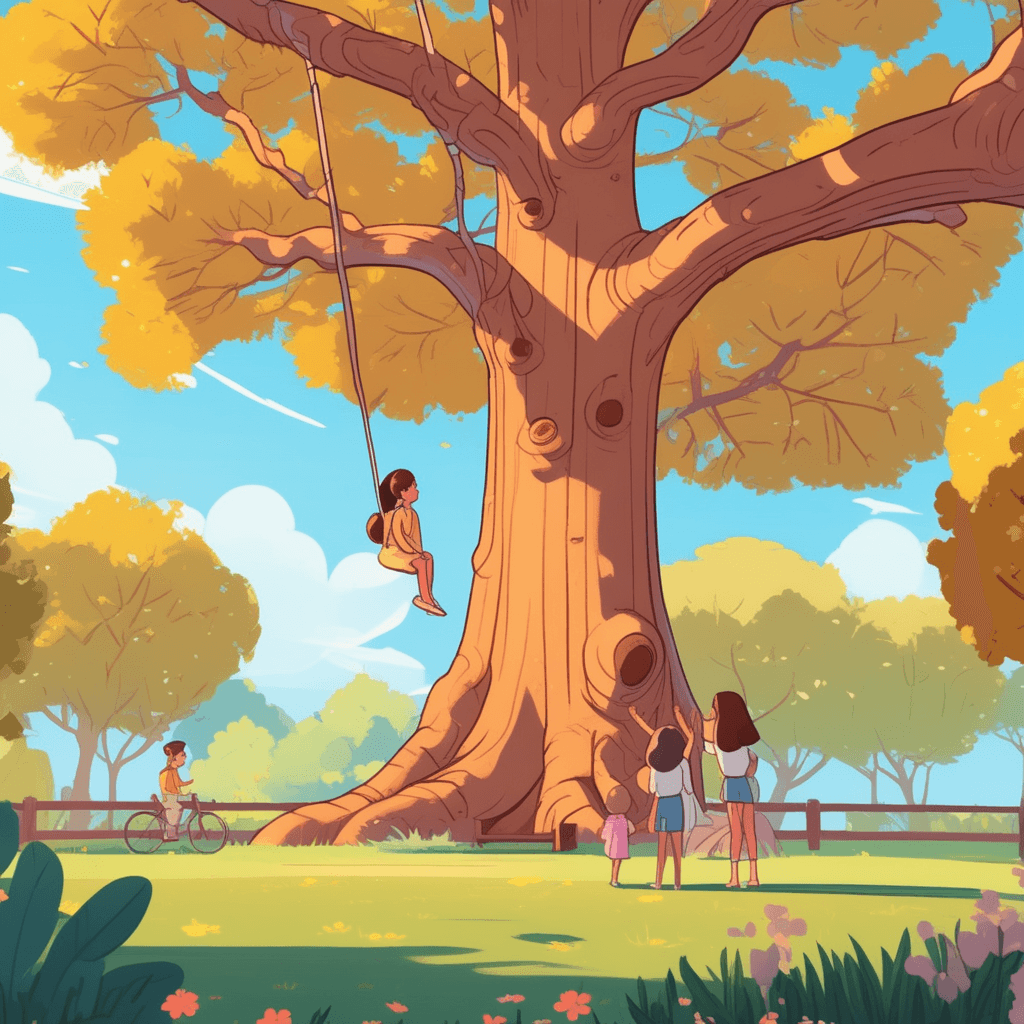 a young girl climbs carefully up the thick brown trunk using sturdy lateral branches as steps. Her father stands below with arms ready to catch her if she falls. The massive tree towers above them with its single main stem extending high into the sky. Its numerous side branches spread outward creating a wide canopy of green leaves that provides cool shade. Other families sit beneath the tree's broad shadow having picnics and reading books. Children play around the base where thick roots emerge from the ground. a woody perennial plant with a single trunk growing to considerable height and bearing lateral branches