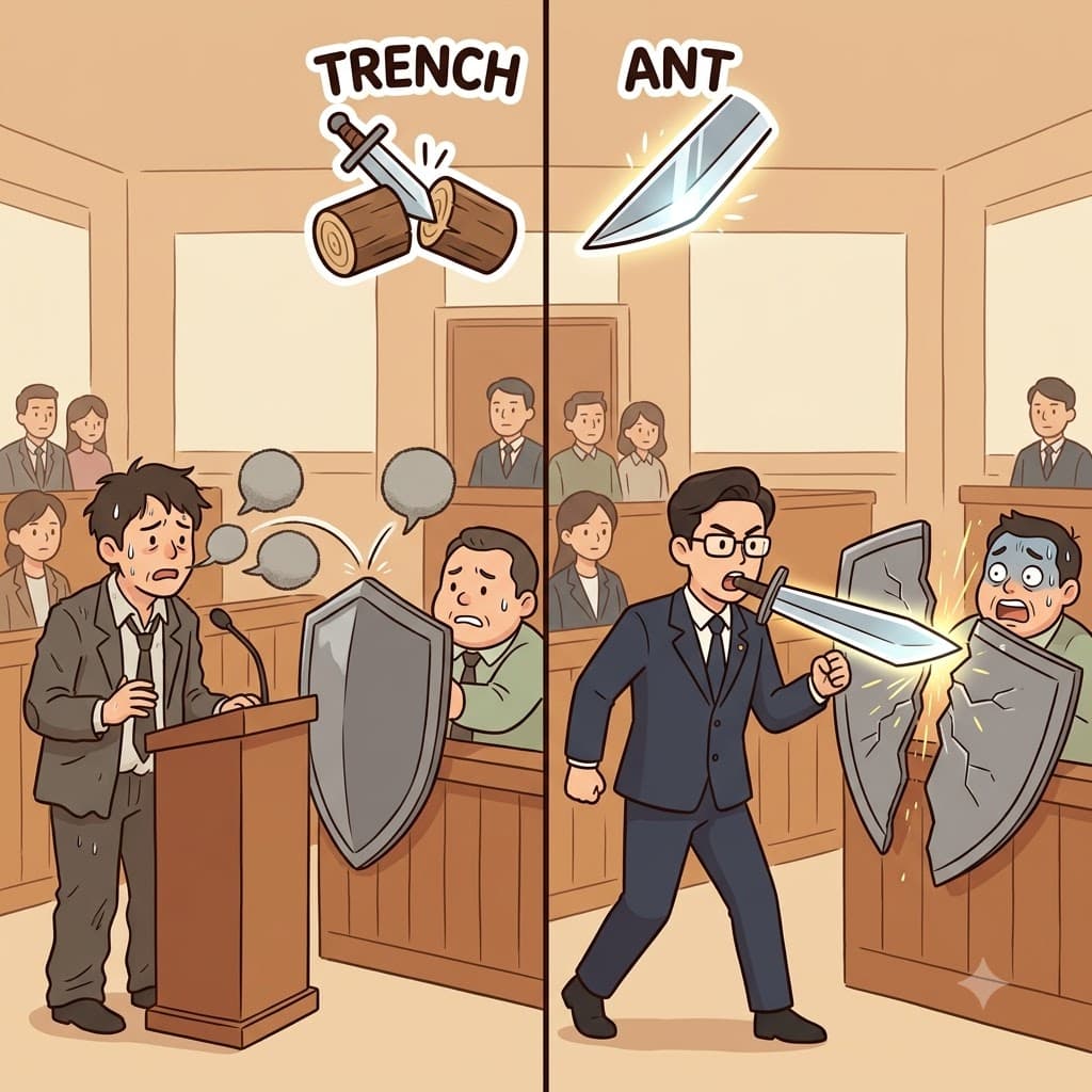 TRENCH(cut) + ANT(nature) — showing its nature(ANT) to completely TRENCH(cut) through the lies, the lawyer's argument proved to be incredibly trenchant.