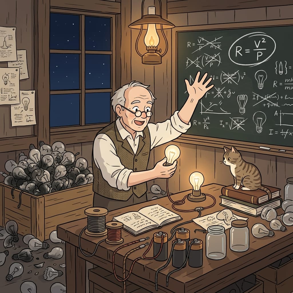 The inventor learns through trial and error, testing bulb after bulb until one finally glows.