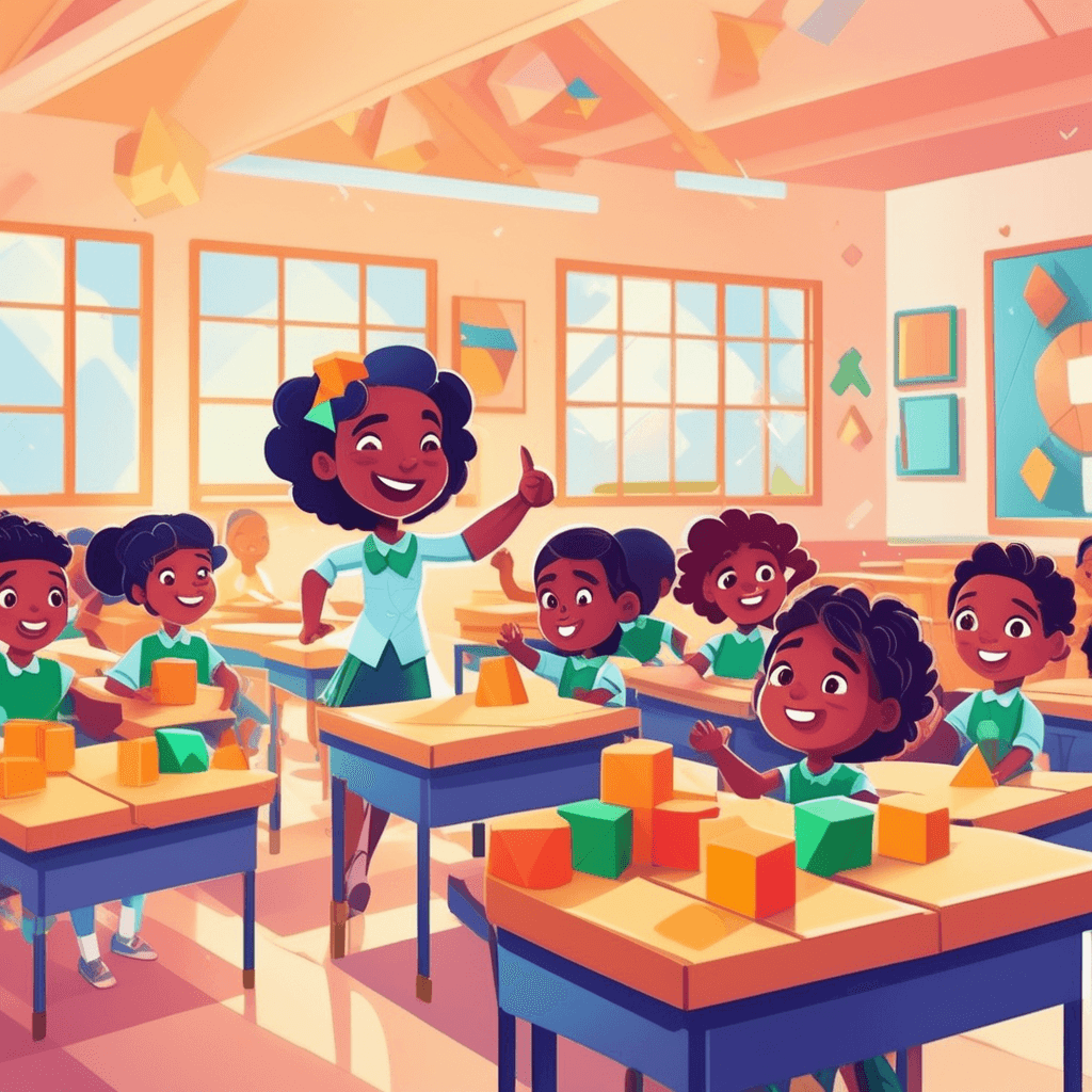 a cheerful teacher holds up colorful wooden blocks showing different flat shapes with three straight sides and three pointed corners. She points to each corner and side while students eagerly raise their hands to answer. The geometric shapes clearly display three equal sides meeting at three distinct angles. Several students lean forward excitedly as they recognize the three-sided flat figures. a flat shape with three straight sides and three angles
