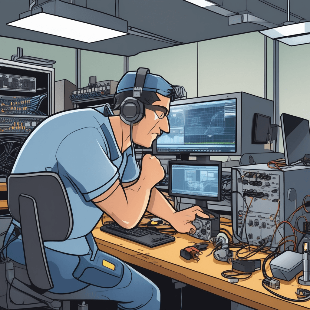 a skilled technician carefully examines the inside of an open desktop computer with a magnifying glass and small flashlight. She points to a specific component while holding diagnostic tools in her other hand. The computer screen shows error symbols and warning indicators that need attention. Step by step, she replaces a faulty circuit board with a new one from her toolkit. A customer watches hopefully from behind as sparks of electricity show the repair process working. The computer screen begins displaying normal startup messages as the problem gets resolved. someone identifying and solving problems in a technical system