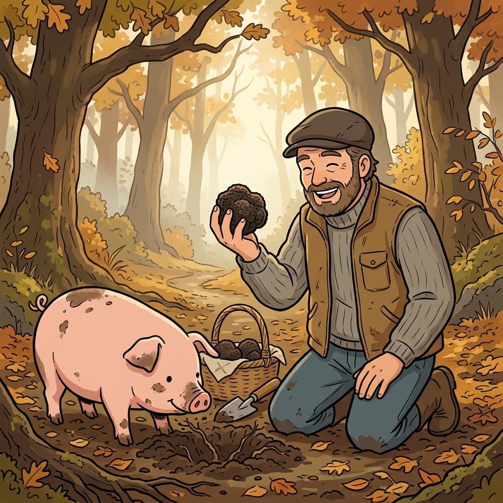 A trained pig sniffs out a rare truffle beneath the oak roots.