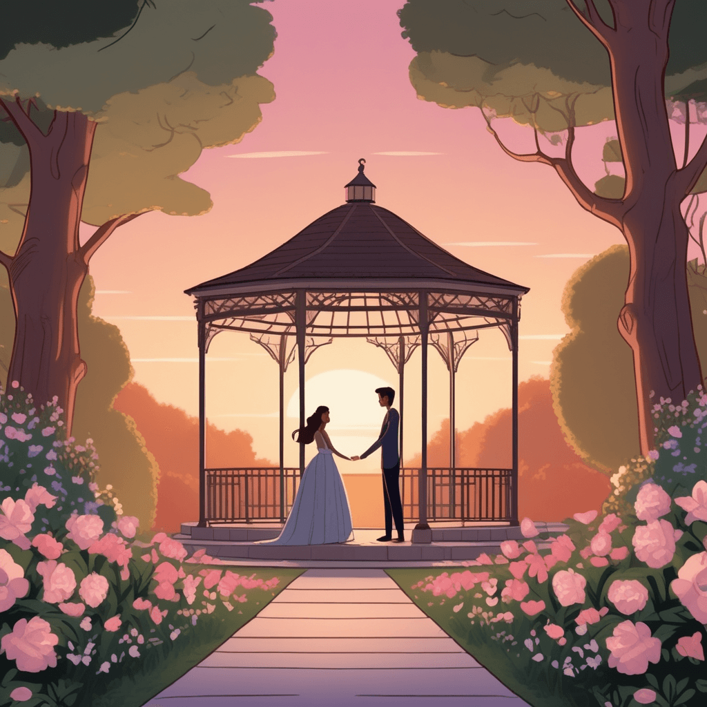 a young woman in a flowing dress approaches a gazebo where her lover waits with flowers. The man steps forward with open arms as she reaches the romantic meeting spot. Their faces show joy and anticipation as they come together in this hidden location. The surrounding garden provides perfect privacy with dense foliage and soft evening light filtering through the trees. Other park visitors are nowhere to be seen, emphasizing the intimate nature of their rendezvous. a private romantic meeting between lovers in a secret location