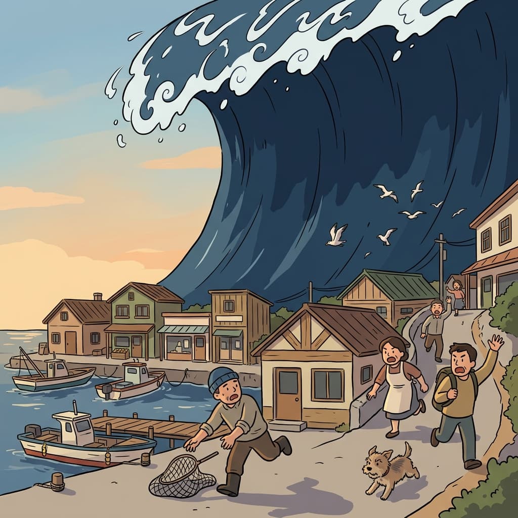 A massive tsunami wave towers over the fishing village as people flee uphill.